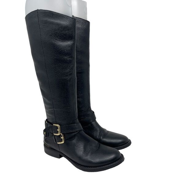 Steve Madden Avilla Black Riding Boots Leather Double Buckle Zipper Women's 5.5 - Picture 1 of 12